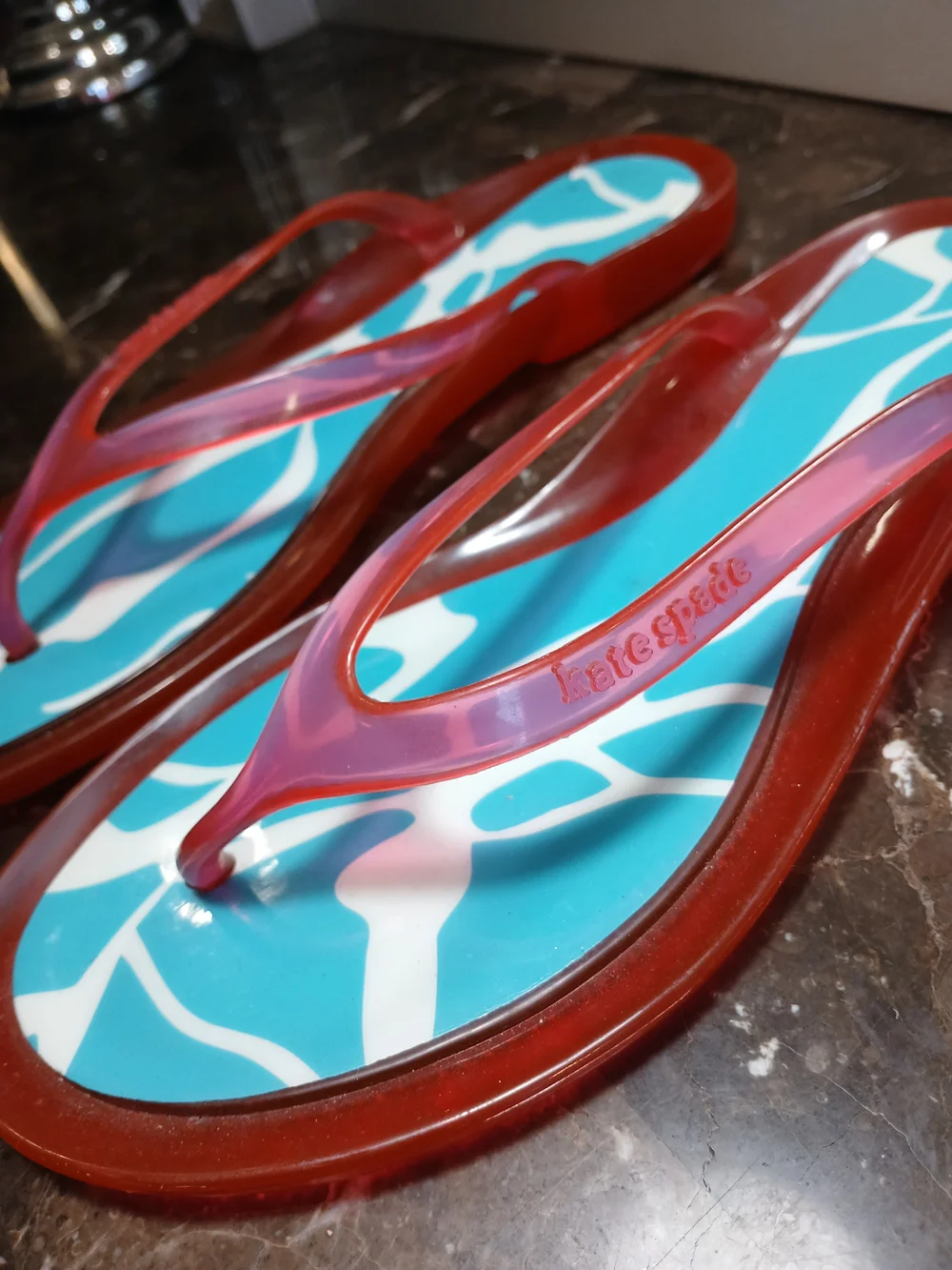 kate spade Pink Jelly Strap Sandals with Turquoise Patterned Footbed